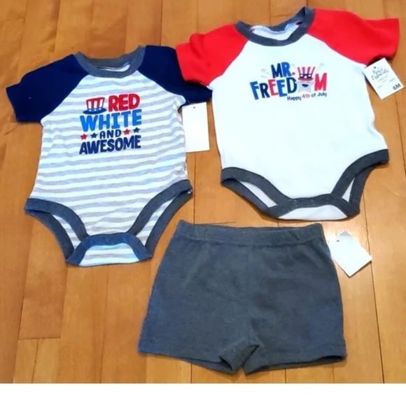 Boys Baby Essentials 3pc 4th of July Set Bodysuits Shorts Size 3 mo 6 mo NWT - Picture 1 of 4